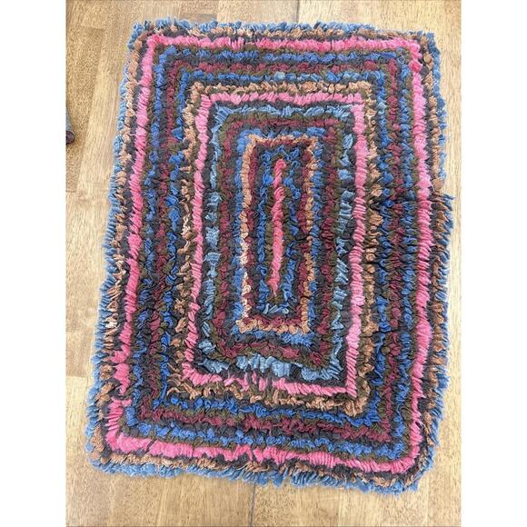 Other - Vtg Hand Hooked Rag Rug Geometric Squares Stripes Colorful Boho Cottage 24x17”